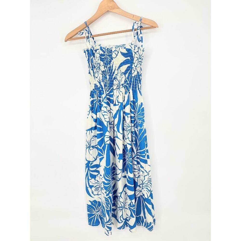Vtg Anuenue Collection Hawaii White Blue Floral Tie Shoulder Smocked Sundress OS